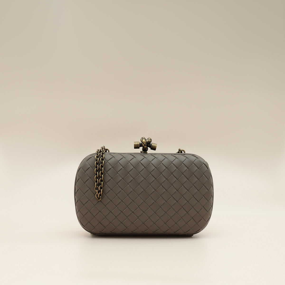 Bottega Veneta Greige Knot Intrecciato Chain Clutch Bag