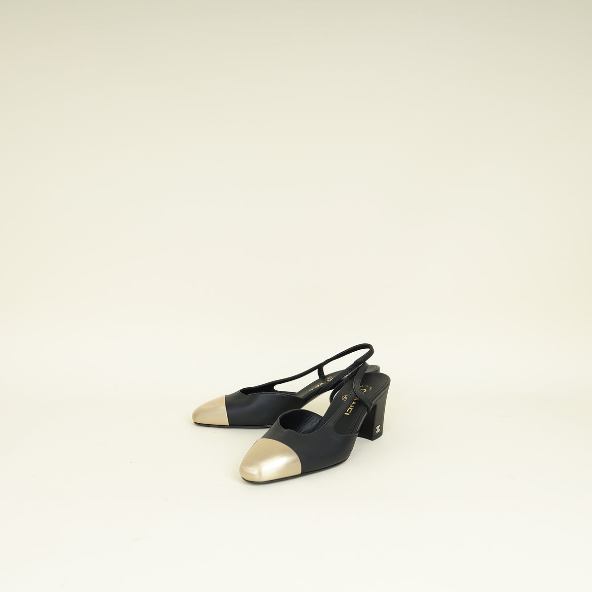 Chanel Black CC Metal Cap Toe Slingback 37.5