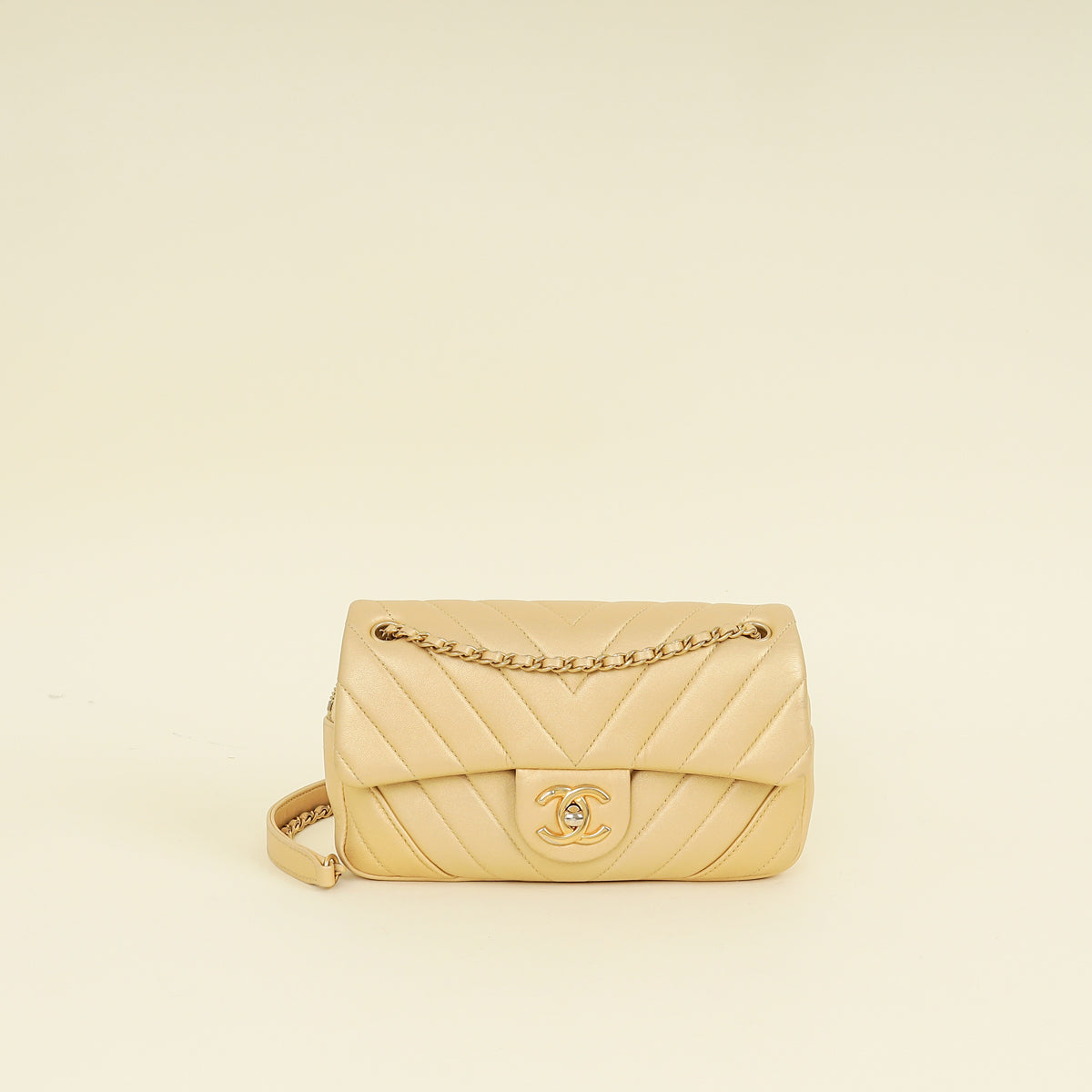 Chanel Light Metallic Gold CC Chevron Camera Case Small Flap Bag