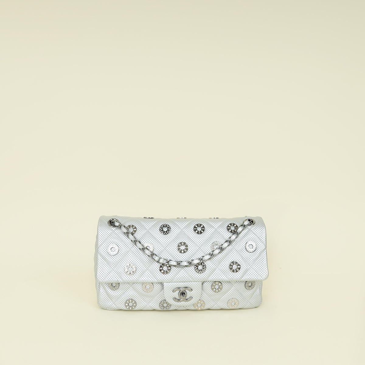 Chanel Silver CC Perforated Paris-Dubai Medal Single Flap Bag