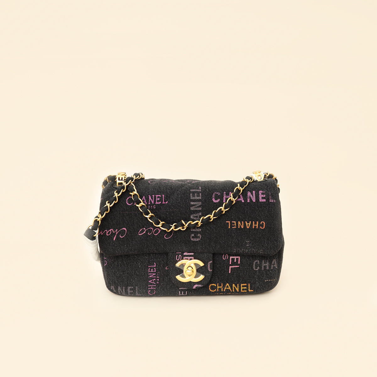 Chanel Black Multicolor CC Denim Logo Print Flap Bag