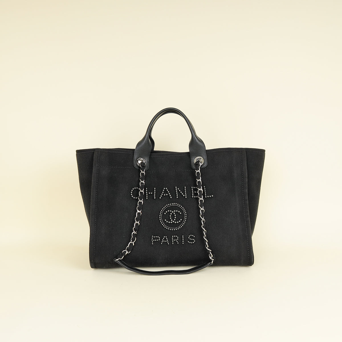 Chanel Black CC Pearl Deauville Mixed Fibers Medium Tote Bag