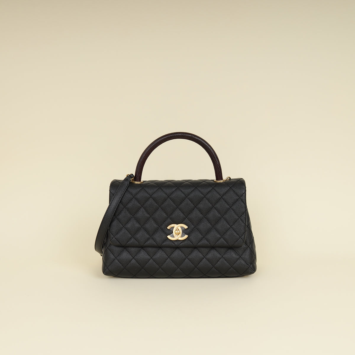 Chanel Black CC Coco Handle Caviar Bag with Lizard Handle