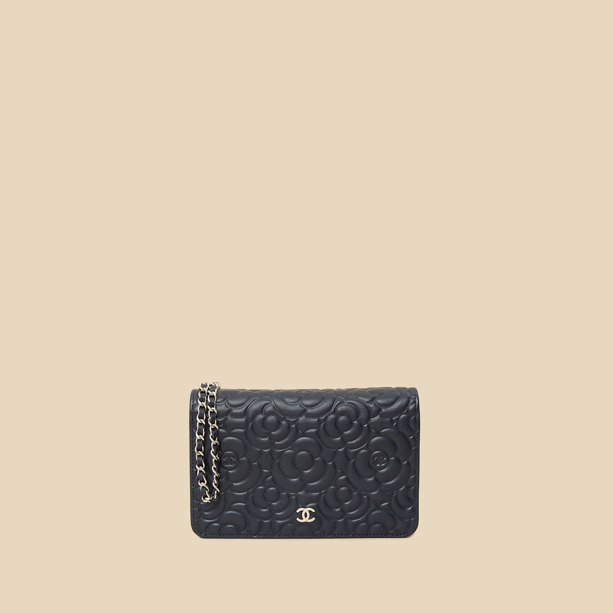 Chanel Navy Blue CC Camellia Flower Embossed Wallet On Chain