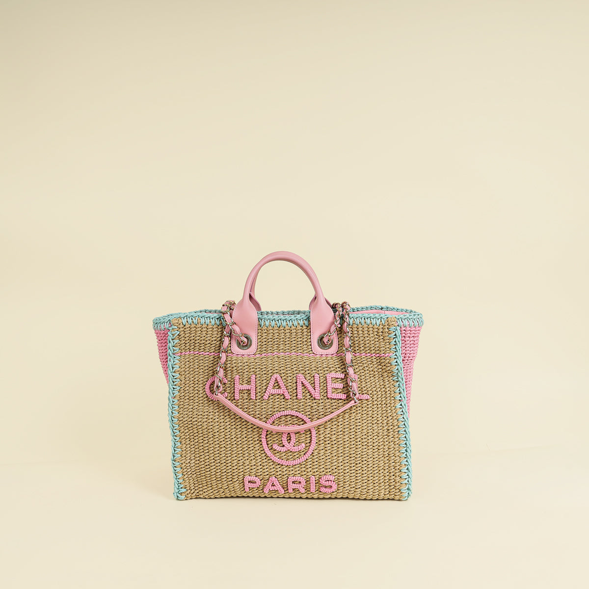 Chanel Tricolor CC Crochet Cotton Deauville Tote Bag W/ Pouch