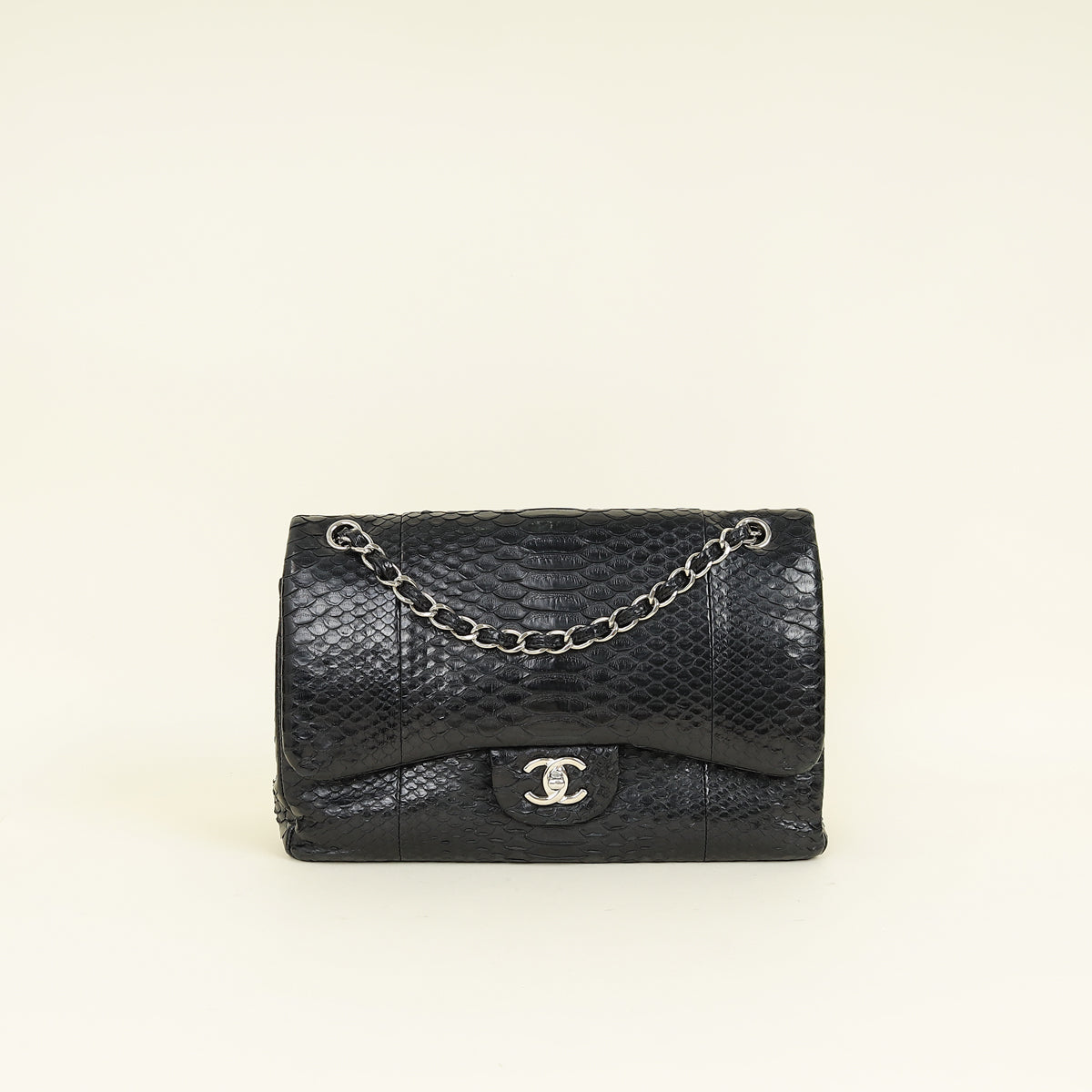 Chanel Black CC Classic Python Double Flap Jumbo Bag
