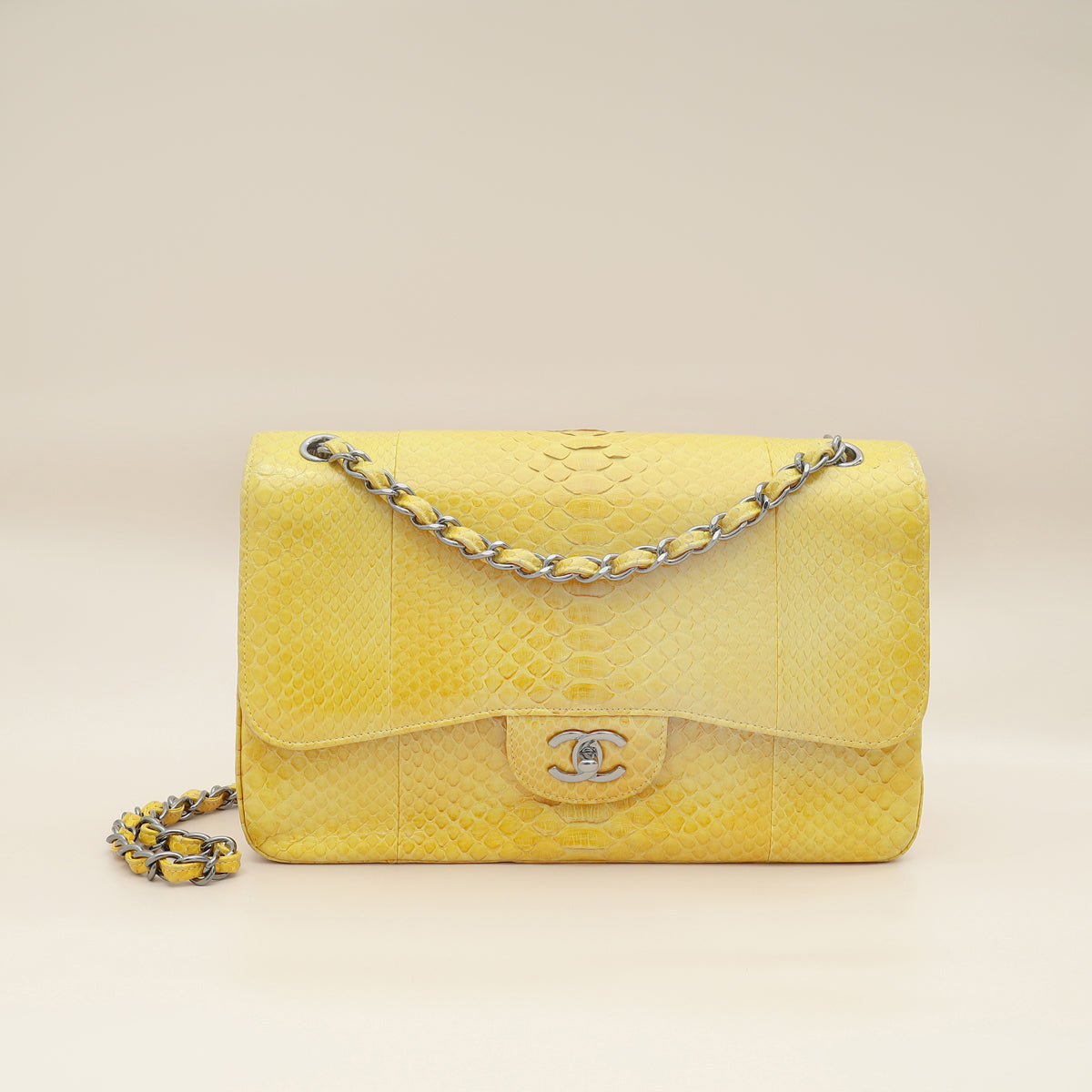 Chanel Yellow Python CC Classic Double Flap Jumbo Bag