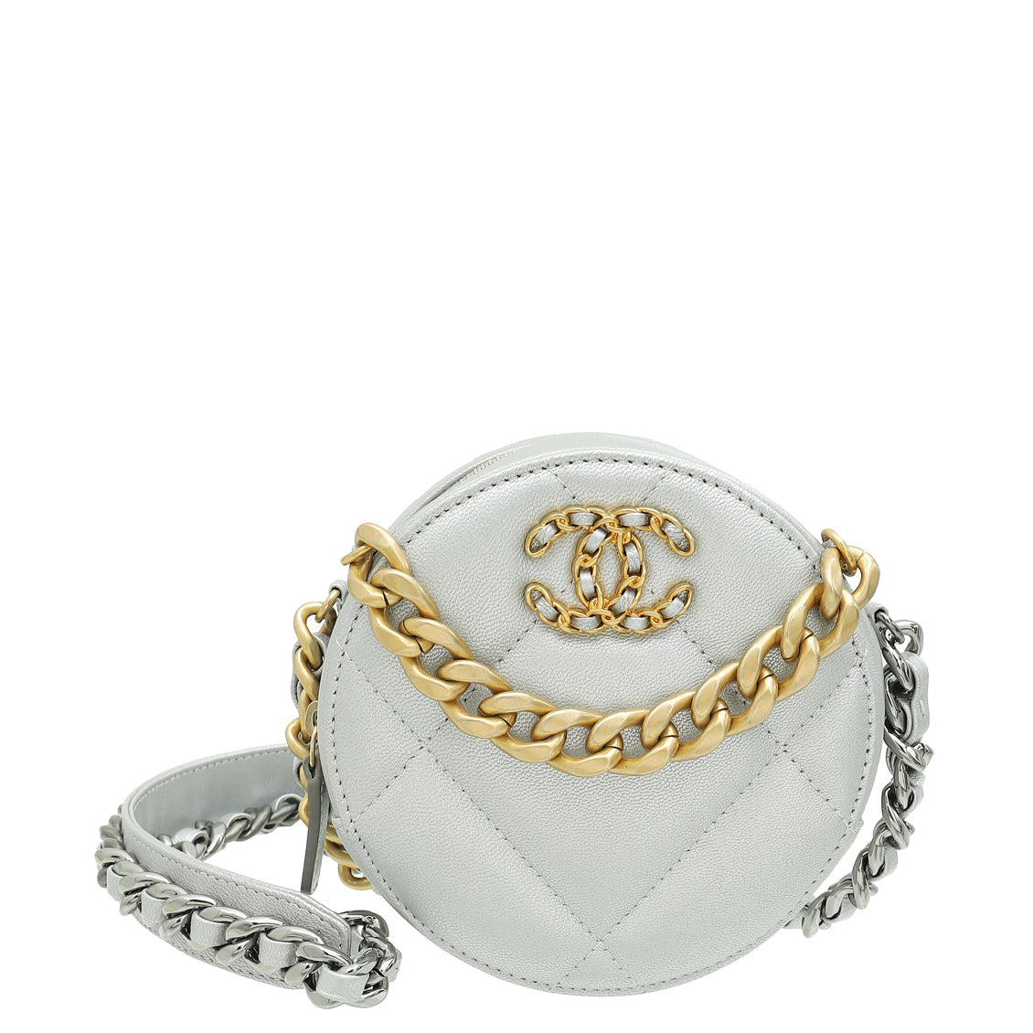 Chanel Metallic Silver 19 Round Mini Clutch W/ Chain