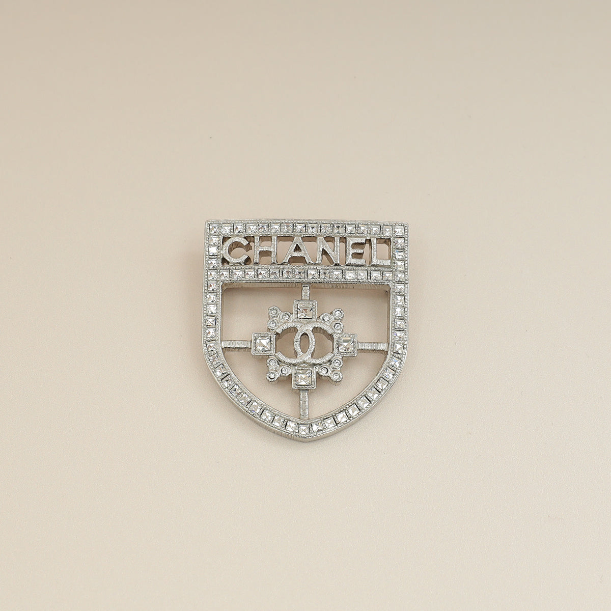 Chanel Silver Swarovski Baguette Crystal CC Shield Brooch