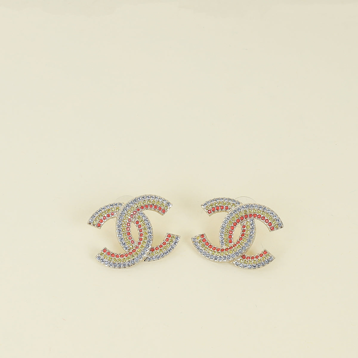 Chanel Light Gold Multicolor Crystal CC Earrings