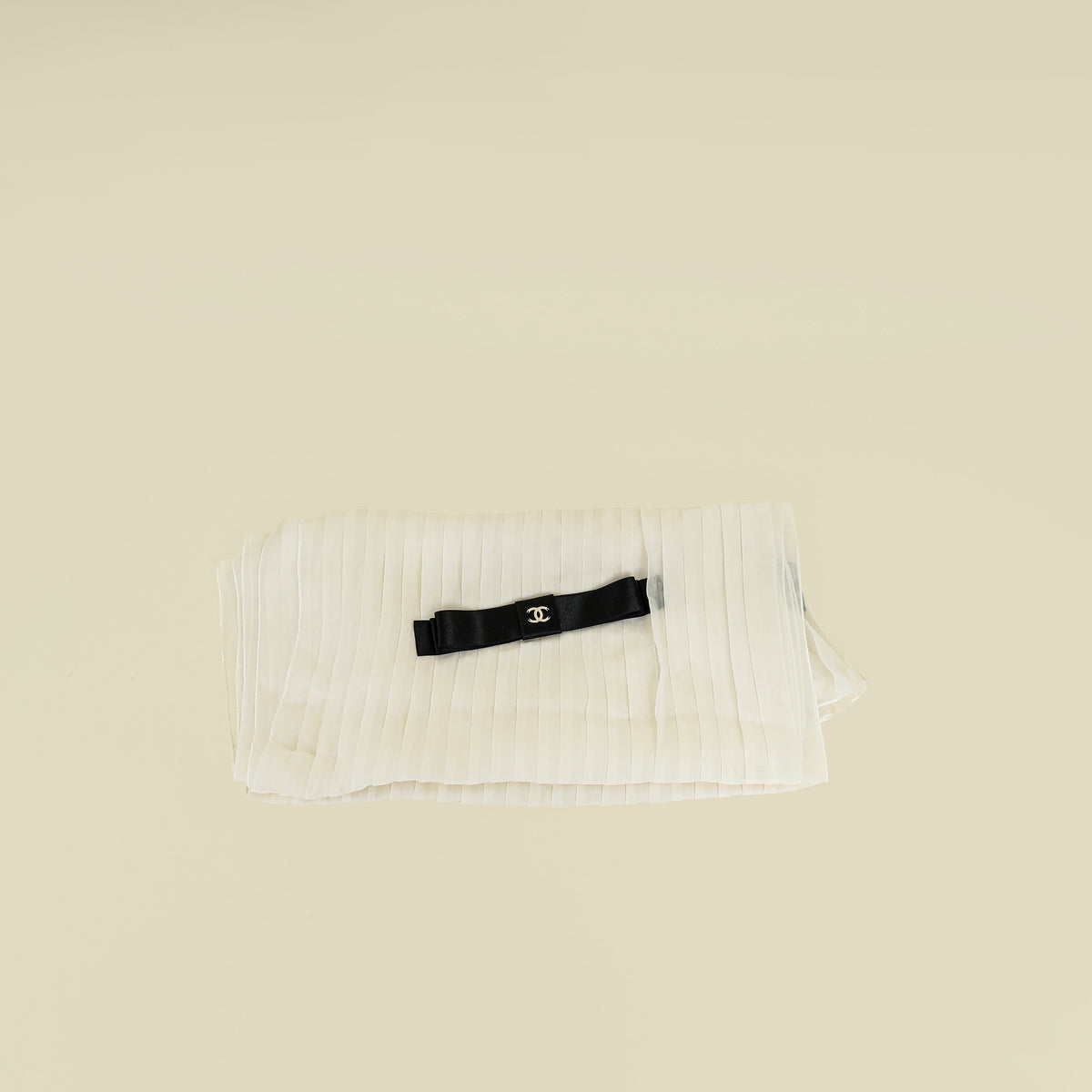 Chanel Off White Silk Chiffon Pleated Scarf w/ Coco Bow