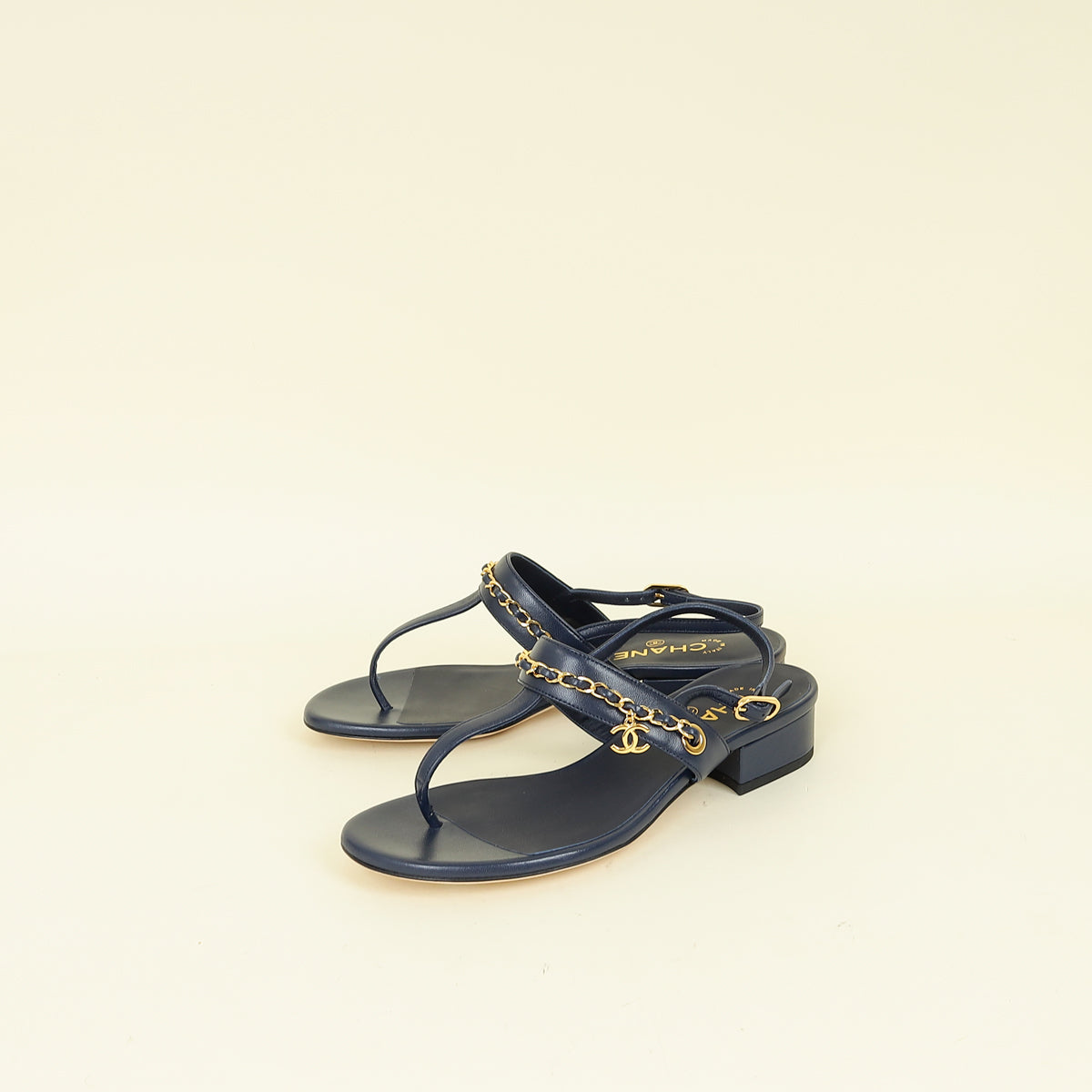 Chanel Navy Blue CC Charm Chain Thong Sandal 37.5
