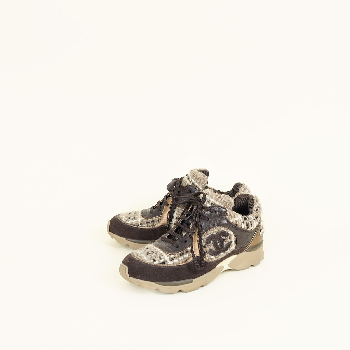Chanel Brown CC Lace Up Sneakers 38.5