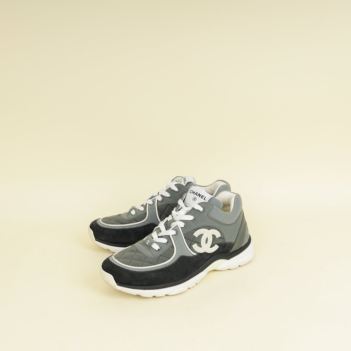 Chanel Grey CC Quilted Trainer Sneakers 38.5