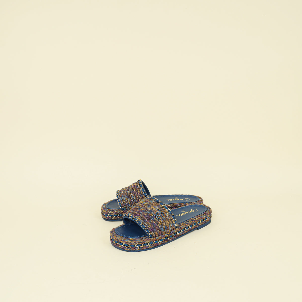 Chanel Blue Multicolor CC Braided Tweed Platform Sandals 40C