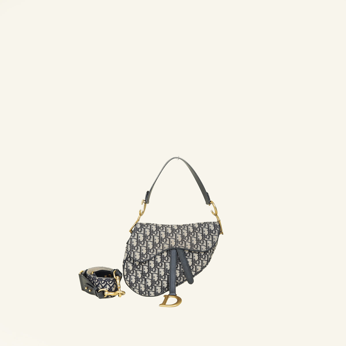 Christian Dior Navy Blue Oblique Saddle Medium Bag W/Strap