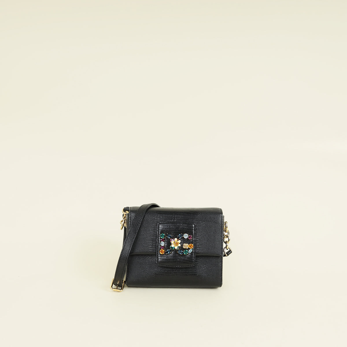 Dolce & Gabbana Black Lizard Embossed DG Millennials Flap Shoulder Bag
