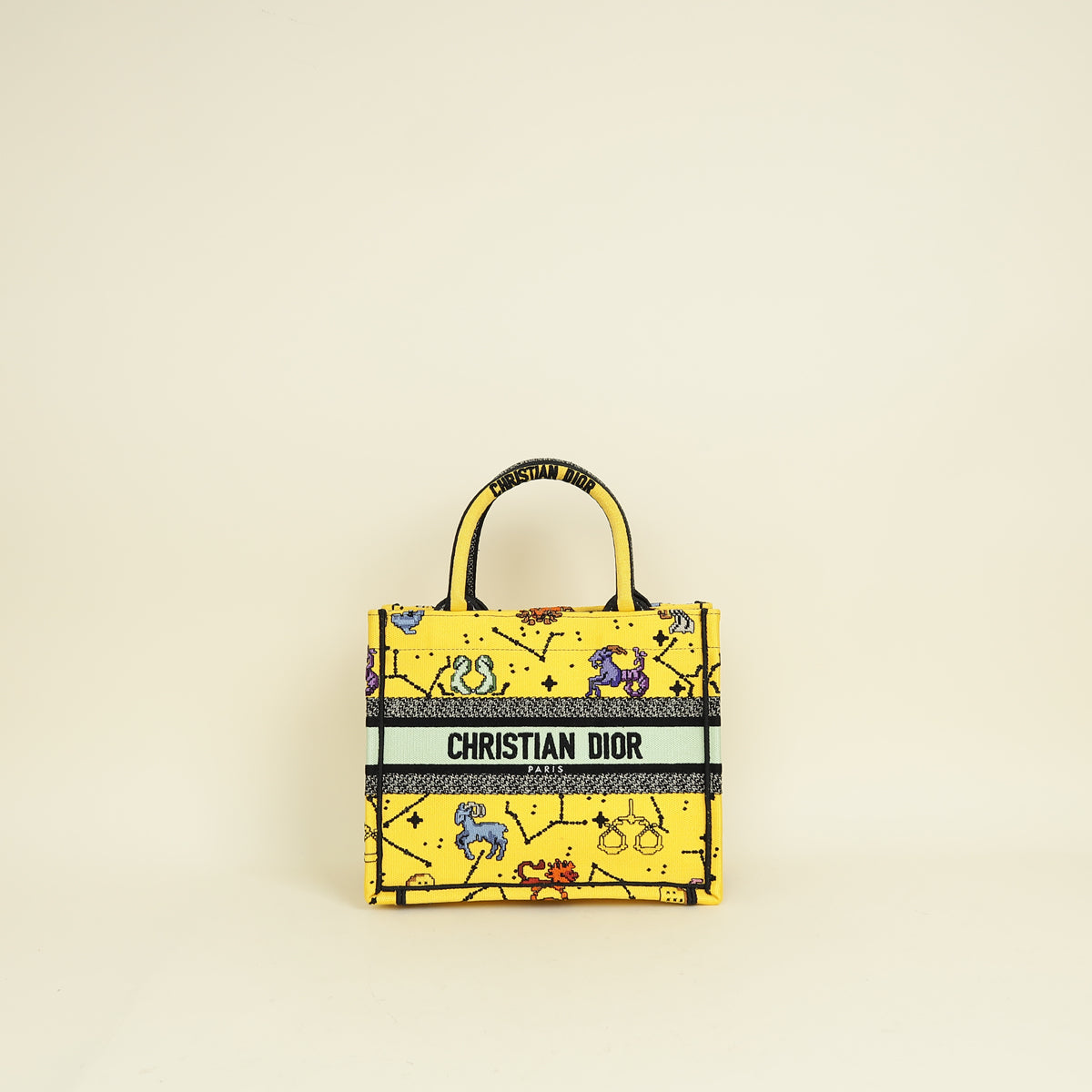 Christian Dior Yellow Multicolor Pixel Zodiac Embroidered Book Tote Small Bag