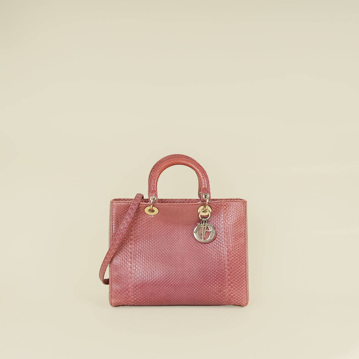 Christian Dior Mauve Pink Snakeskin Lady Dior Large Bag