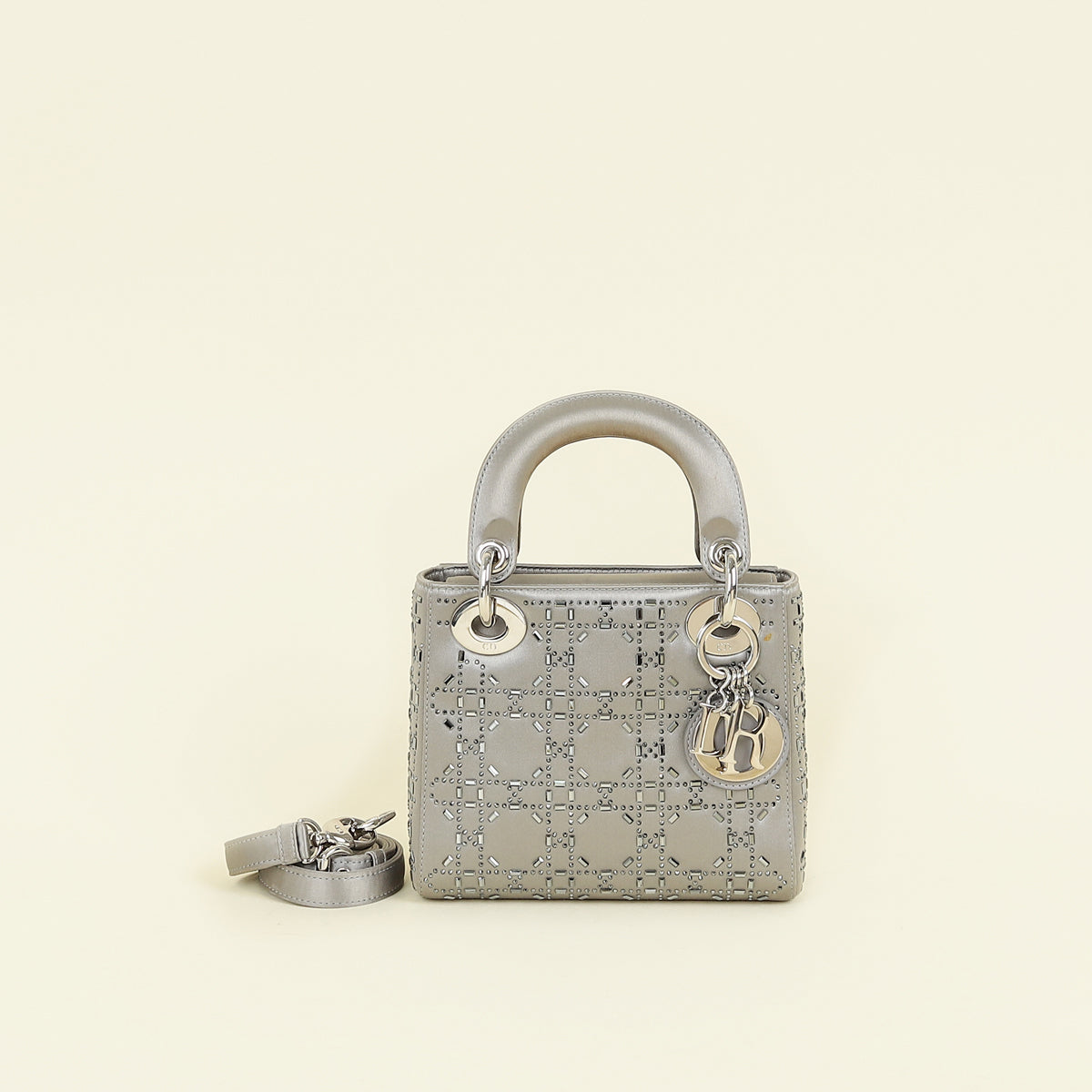 Christian Dior Gray Strass Cannage Satin Mini Lady Dior Bag