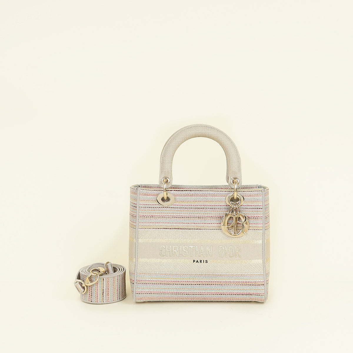 Christian Dior Multicolor Lady D-Lite Stripes Embroidery Medium Bag