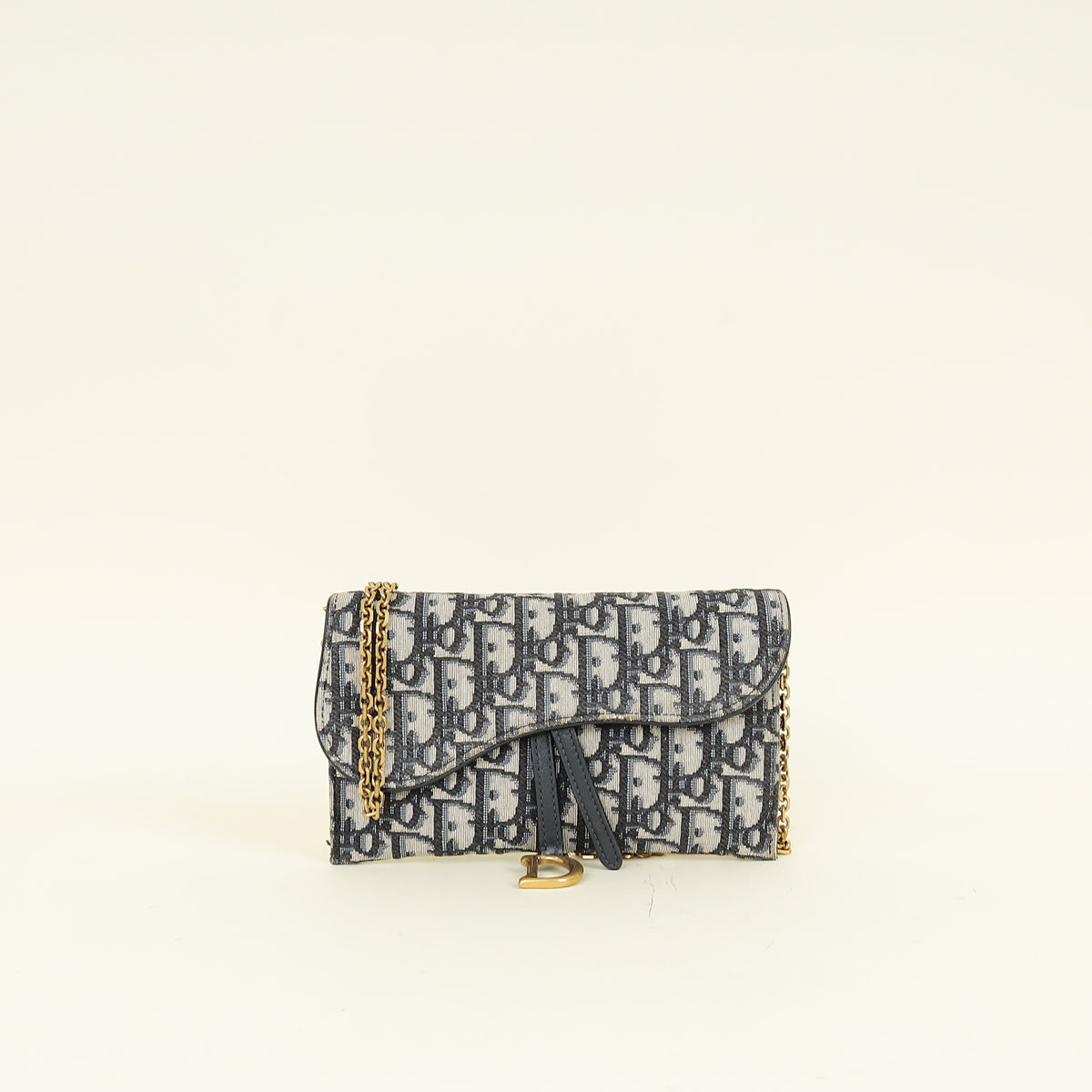 Christian Dior Navy Blue Oblique Small Saddle Pouch with Chain