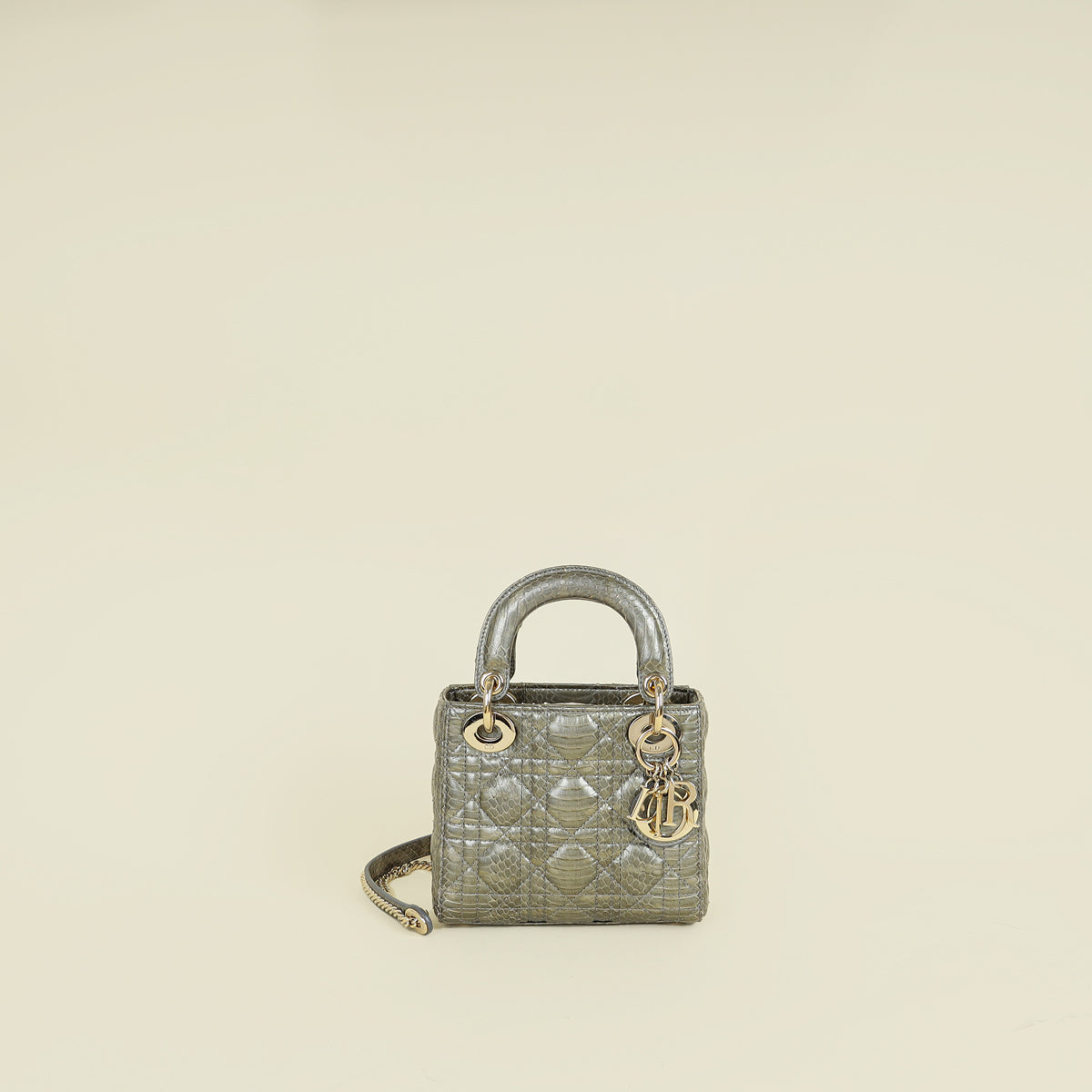 Christian Dior Metallic Grey Green Lady Dior Python Leather Mini Chain Bag