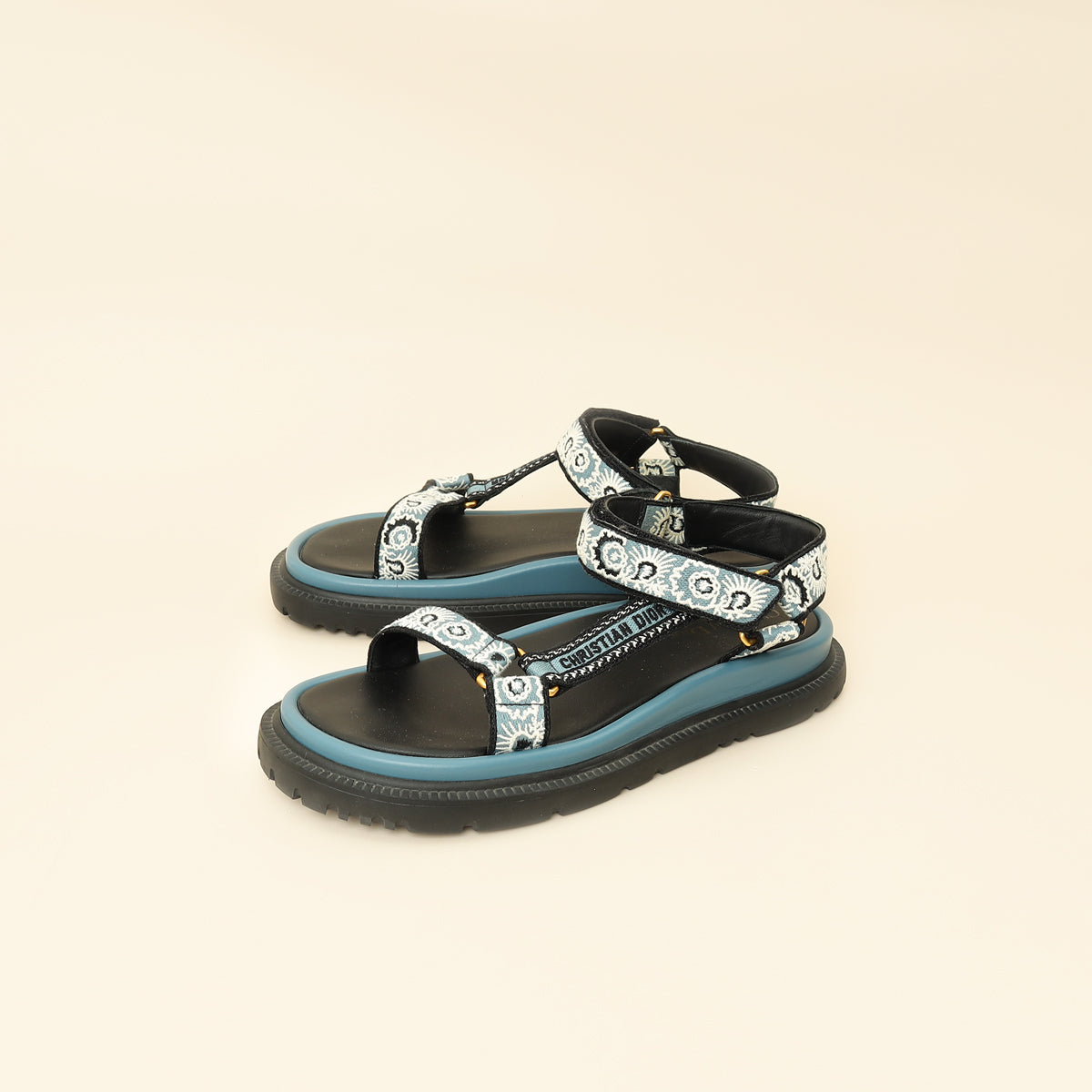 Christian Dior Blue Multicolor D-Wave Cotton Embroidered Sandal 39