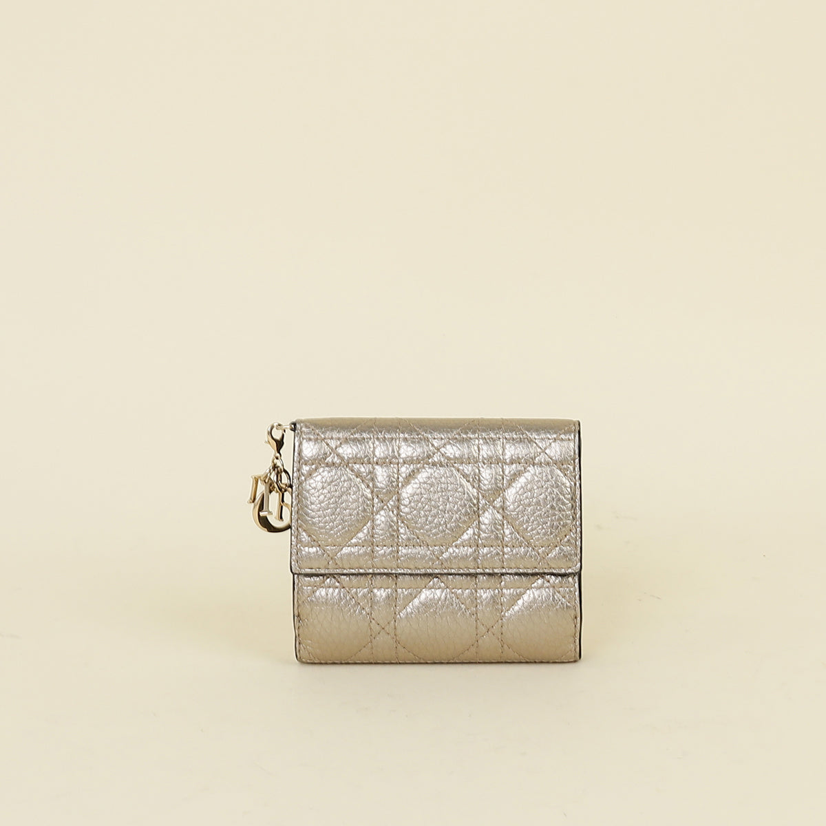 Christian Dior Metallic Champaigne Cannage Lady Dior French Wallet