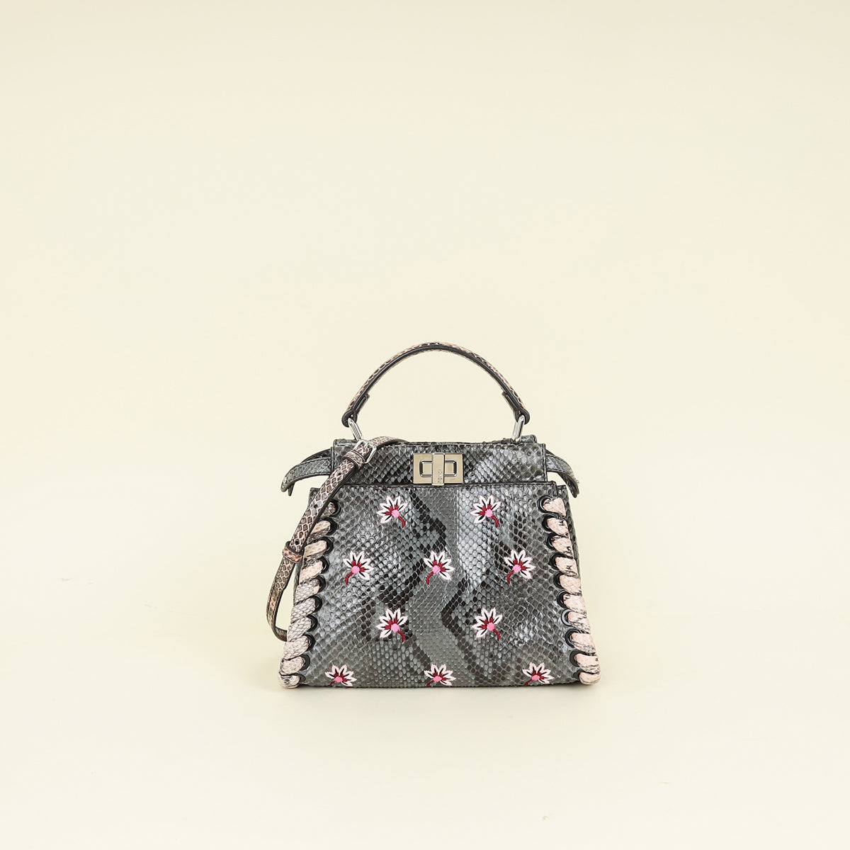 Fendi Dark Grey Peekaboo Mini Whip Python Flower Embroidered Bag
