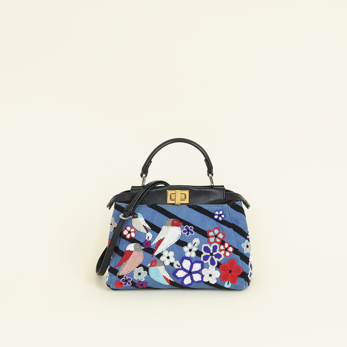 Fendi Blue Denim Bird Beaded Mini Peekaboo Bag