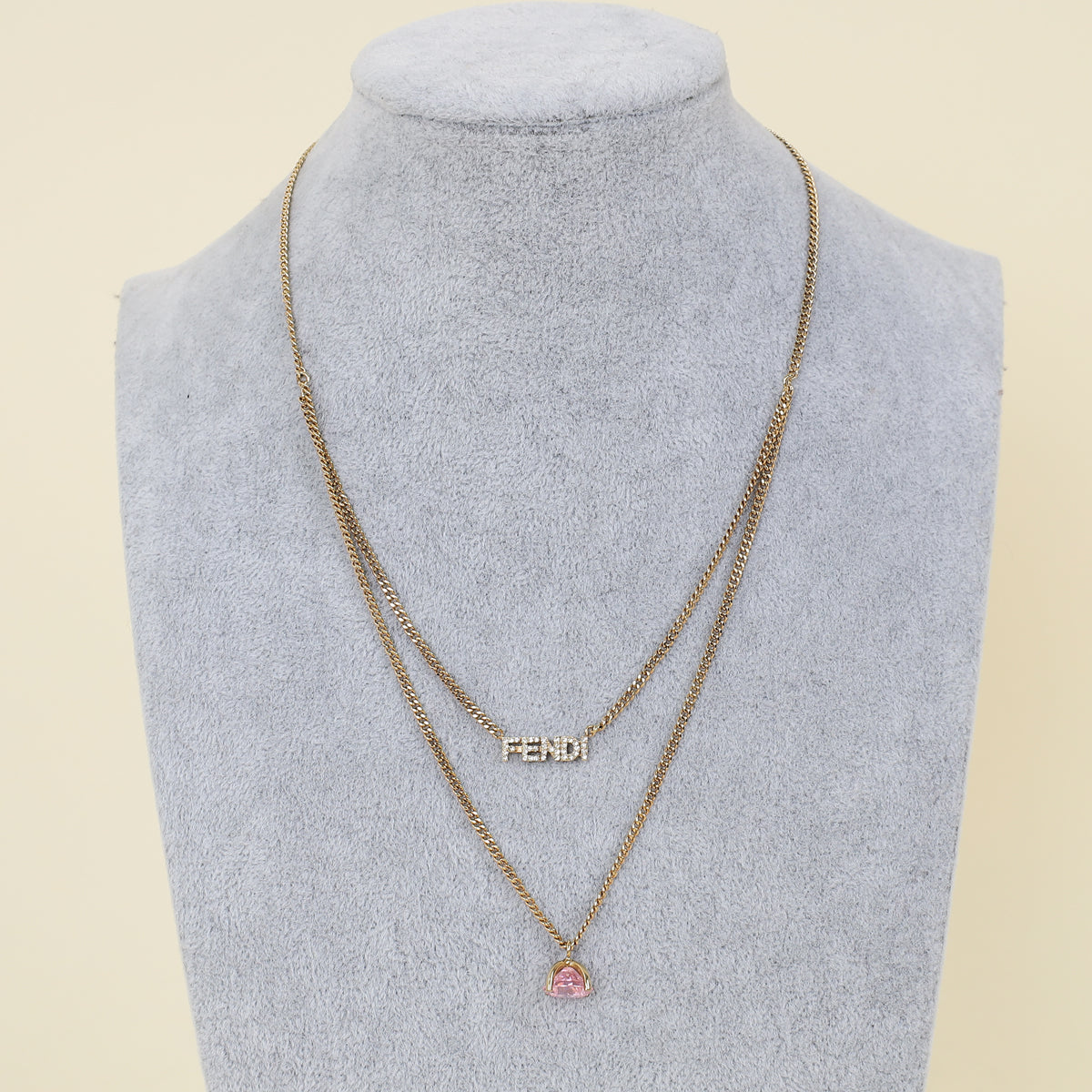Fendi Gold Finish Logo Crystal Double Layer Necklace