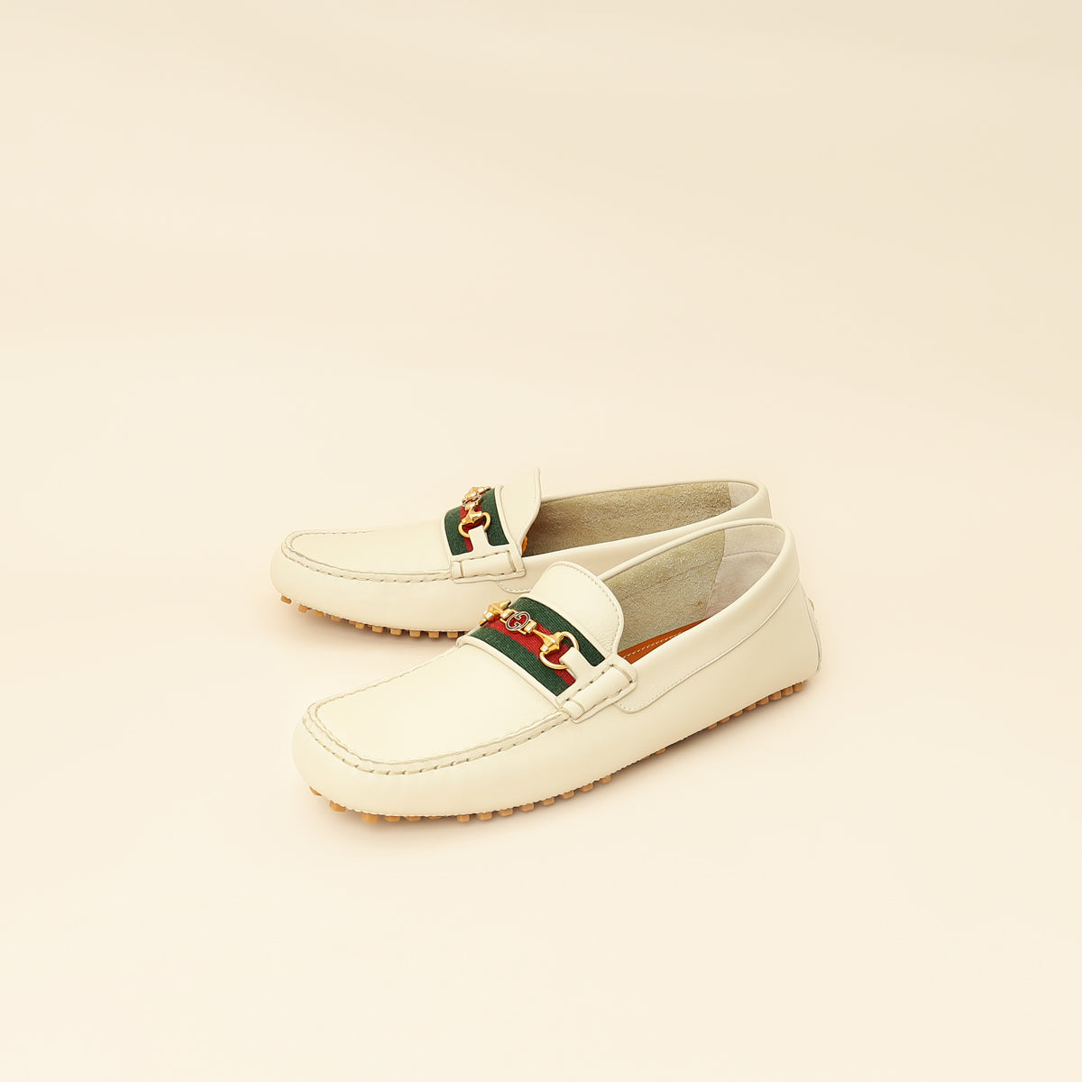 Gucci White Cream Ayrton Horsebit Web Driving Loafer 8.5