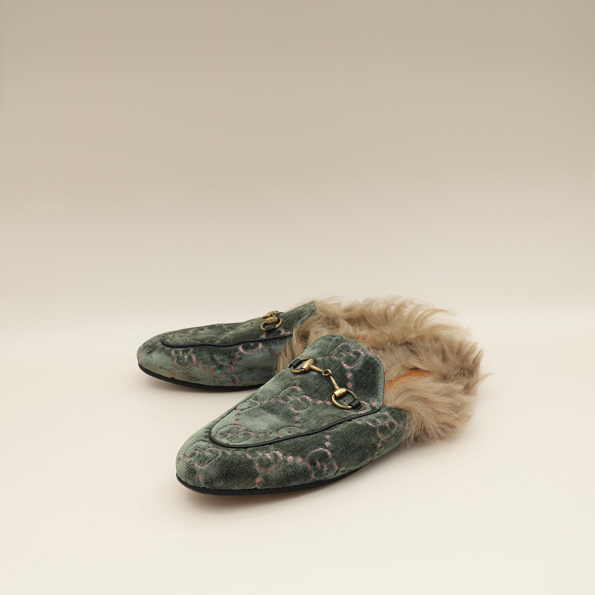 Gucci Olive GG Velvet Fur Princetown Mules 37