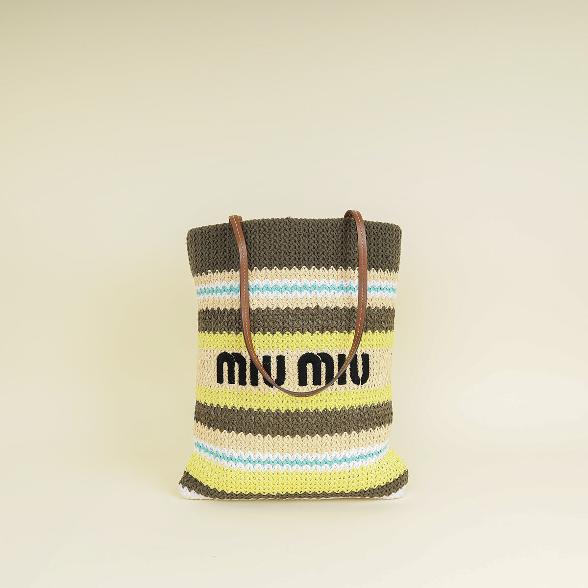 Miu Miu Multicolor Woven Raffia and Crochet Fabric Beach Tote Bag