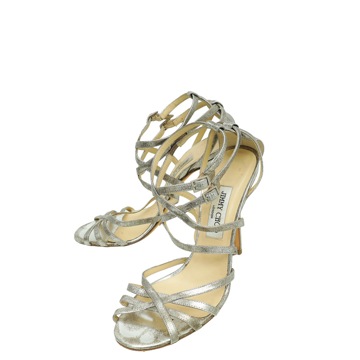 Jimmy Choo Metallic Silver Cross Ankle Strap Sandals 40