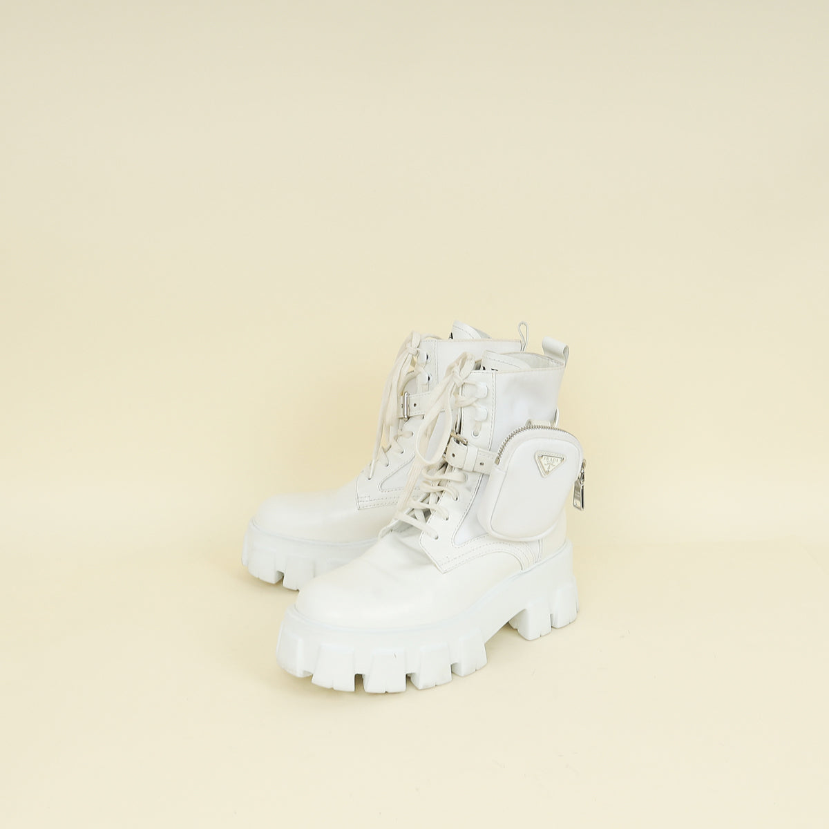Prada White Monolith Leather and Nylon Ankle Boot 37.5