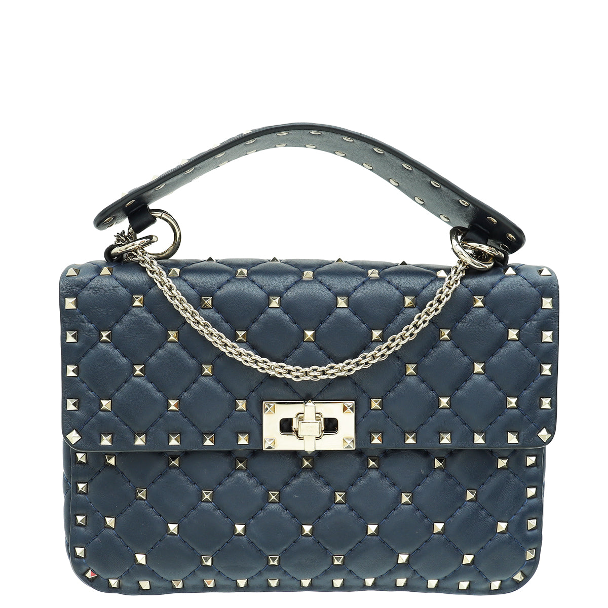 Valentino Navy Blue Rockstud Spike Flap Chain Medium Bag