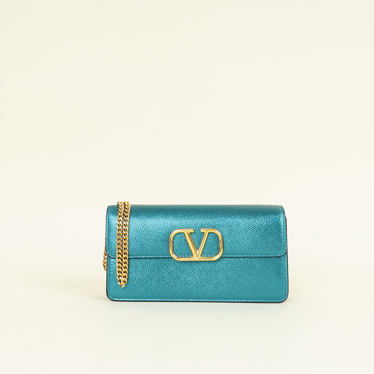 Valentino Metallic Teal Vlogo Wallet On Chain