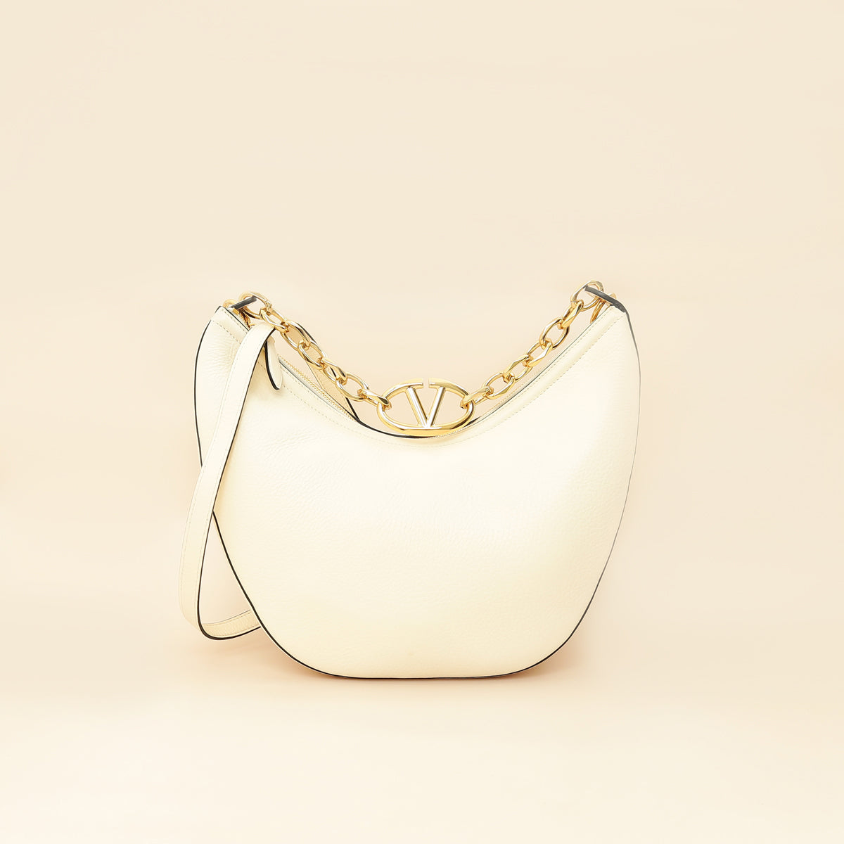 Valentino Ivory VLogo Moon Medium Hobo Bag W/ Chain