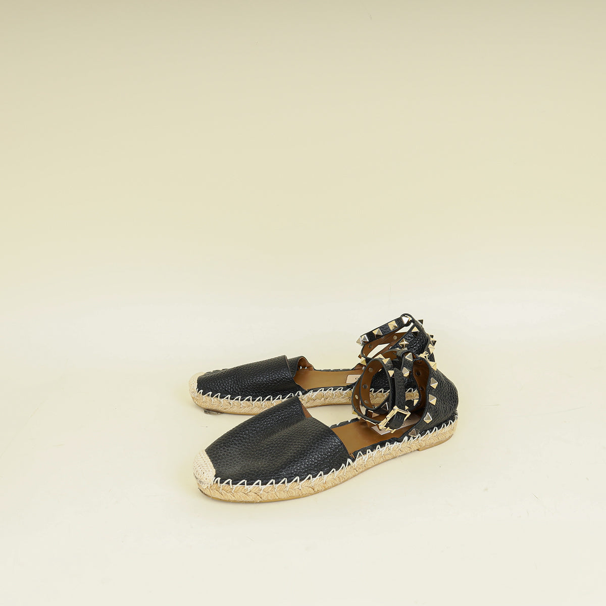 Valentino Black Rockstud Ankle Strap Flat Espadrille 35
