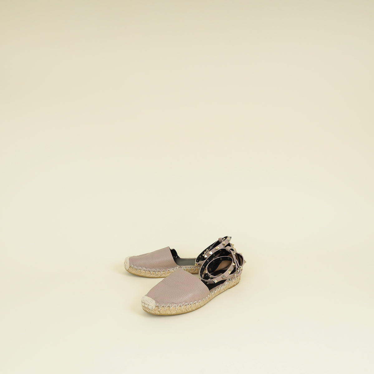 Valentino Pink Nude Rockstud Flat Espadrille Ankle Strap 37