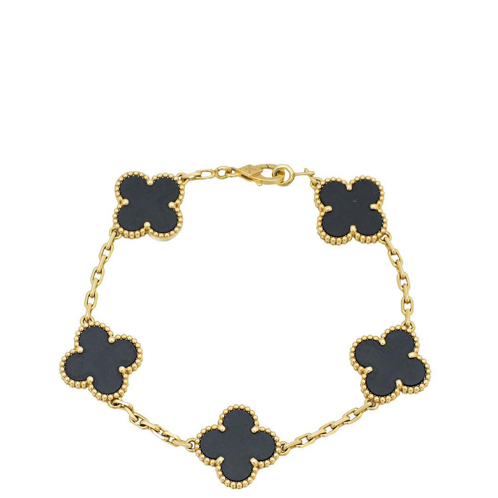 Van Cleef & Arpels 18K Yellow Gold Vintage Alhambra 5 Motifs Onyx Bracelet