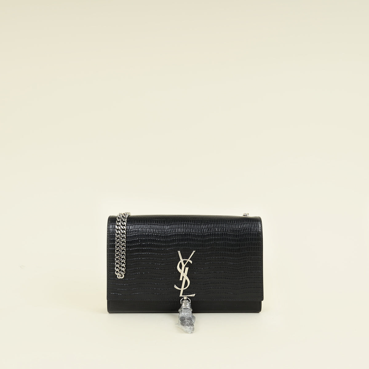 YSL Black Monogram Kate Tassel Lizard Embossed Medium Bag
