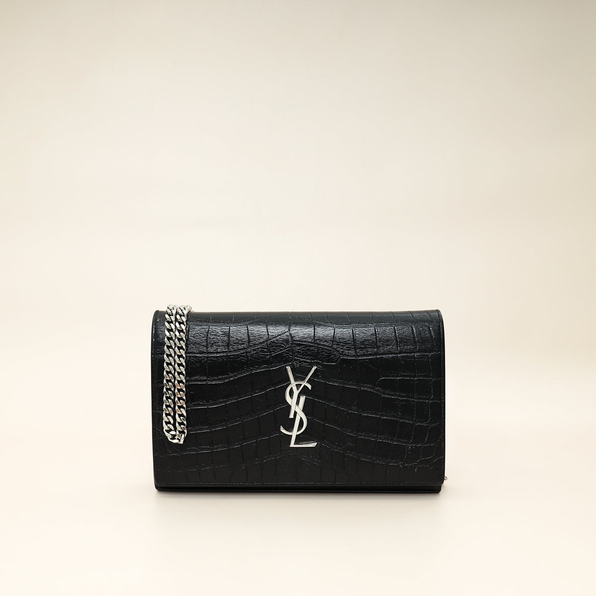 YSL Black Croco Embossed Monogram Kate Wallet On Chain