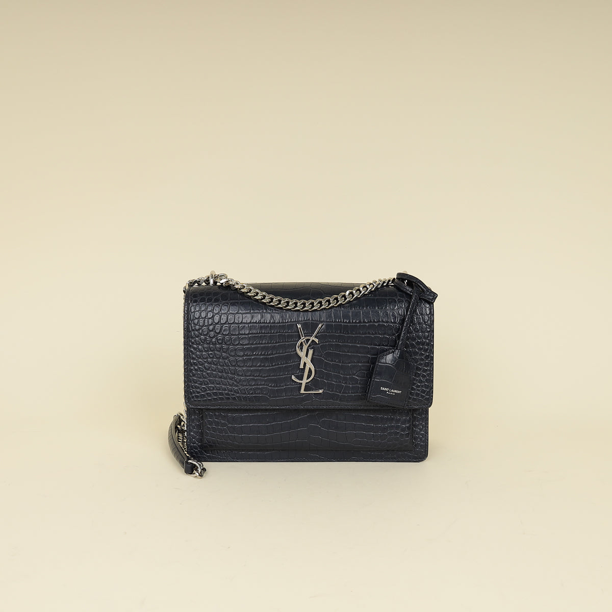 YSL Dark Blue Croco Embossed Sunset Chain Shoulder Bag