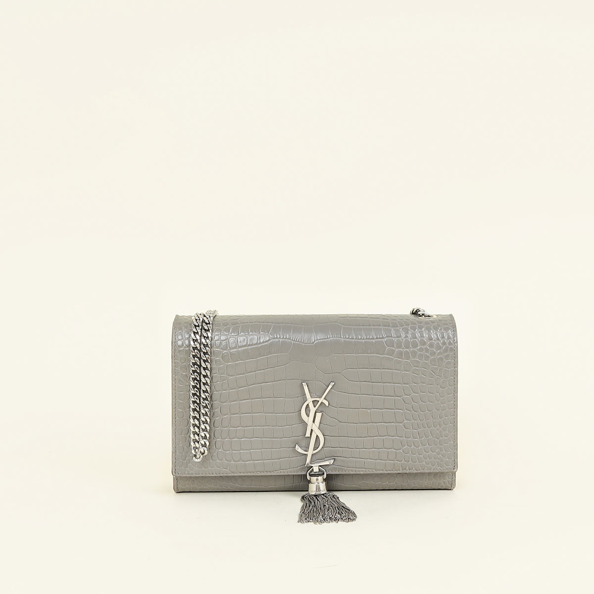 YSL Grey Kate Tassel Croco Embossed Medium Shoulder Bag