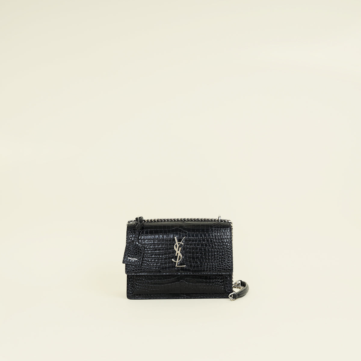 YSL Black Sunset Croco Embossed Medium Shoulder Bag