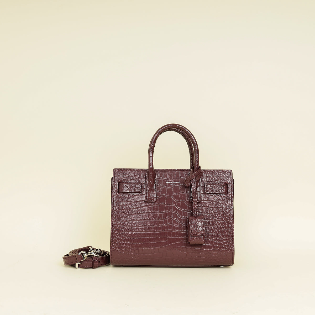 YSL Burgundy Croco Embossed Sac De Jour Nano Bag
