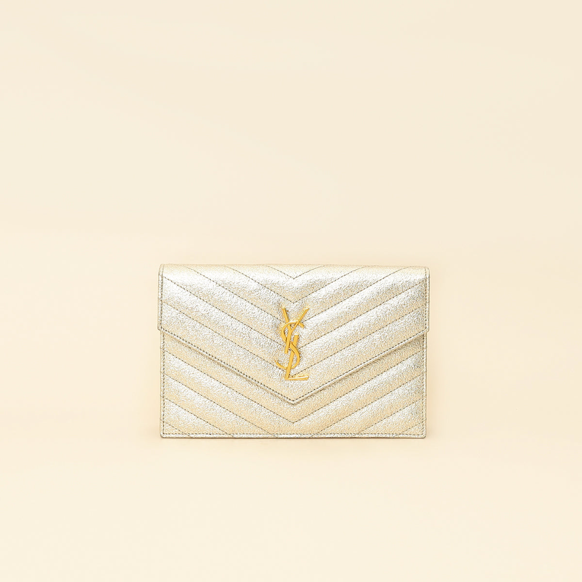 YSL Metallic Gold Monogram Chevron Envelope Chain Wallet